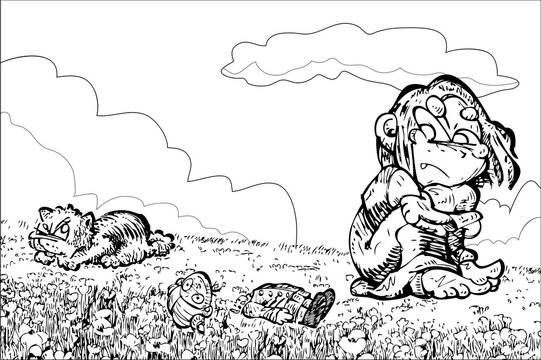 Drawing of a little girl angry at her cat	