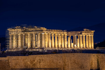 Beautiful night view of the Parthenon and the Acropolis, Athens in Greece