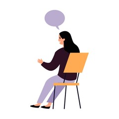 Girl suffering from problems, attending psychological support meeting. Patients sitting in circle, talking. Vector illustration therapy concept