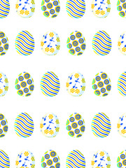 Happy Easter. Trendy vertical poster with cute colored eggs in blue and yellow colors. Vector.