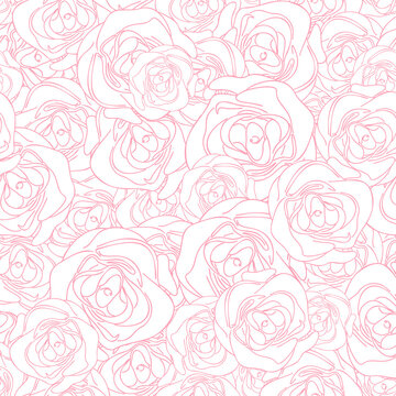 Seamless pattern with abstract pink line roses, simple hand drawn flowers aesthetic background, tender template for cover wedding design floral wallpaper wrapping vector illustration