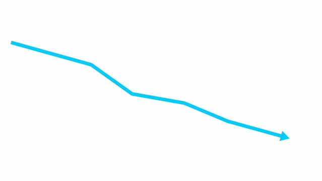 Animated blue arrow. Recession chart of economy. Economic crisis, recession, decrease graph. Profit down. Vector illustration isolated on white background.