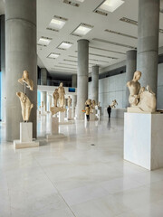 ATHENS, GREECE, 12 DECEMBER 2021 Interior of the modern Acropolis Museum with ancient greek findings