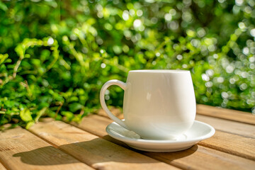 white ceramic coffee mug On the wooden floor, green tree bokeh background.