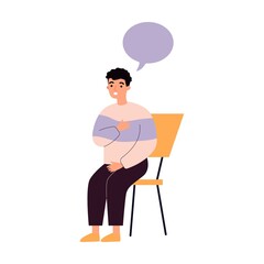 Man suffering from problems, attending psychological support meeting. Patients sitting in circle, talking. Vector illustration therapy concept