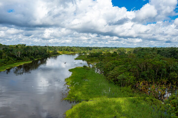 Peru. Aerial view of Rio Yanayacu. Top View of Amazon Rainforest, near Iquitos, Peru. South America. 