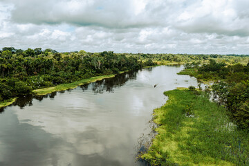 Fototapeta premium Peru. Aerial view of Rio Yanayacu. Top View of Amazon Rainforest, near Iquitos, Peru. South America. 