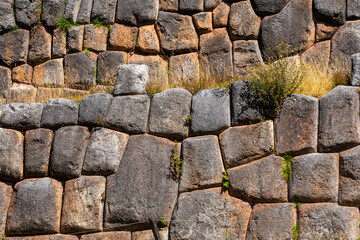 Saqsaywaman Inca archaeological site with large stone walls in Cusco, Peru. South America. 