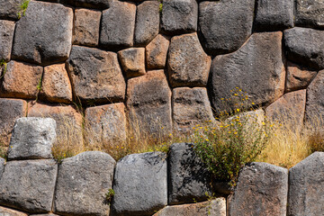 Saqsaywaman Inca archaeological site with large stone walls in Cusco, Peru. South America. 