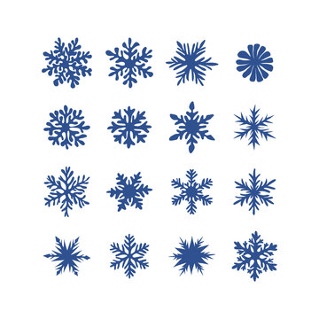 Blue paper cut snowflakes Matisse aesthetic vector illustration set isolated on white. Winter wonderland flakes of snow print collection for Christmas holiday season decor and card making.