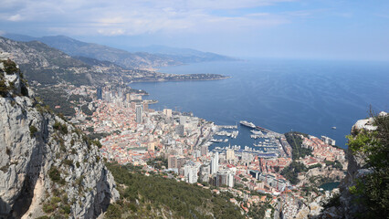 Fototapeta na wymiar View from the top of a mountain on Monaco. Picturesque beautiful small county on the mediterranean sea