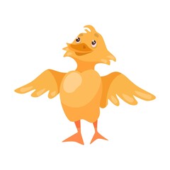 Duckling in pond cartoon illustration. Little yellow ducks fighting for worm, following mother, swimming in lake or river