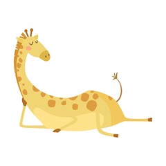 Funny giraffe lies and dreams cartoon illustration. Cute happy wild animal Isolated on white background