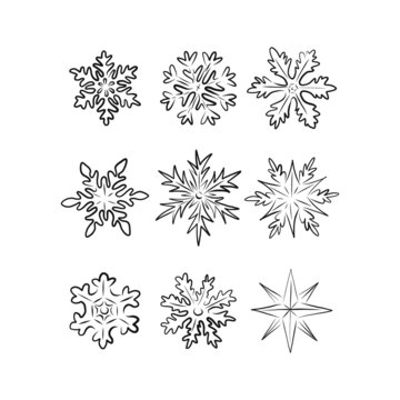 Xmas Snowflakes Winter wonderland linear sketchy drawing vector illustration set isolated on white. Vintage flakes of snow print collection for Christmas holiday season decor and card making.