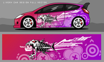 car livery design with cool graphics with red to purple gradient colors and angry fishbone characters for vehicles, branding and cutting stickers