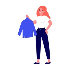 Girl at modern fashion store choosing clothes on hanger flat vector illustration. Shop customers buying dresses and garment concept.