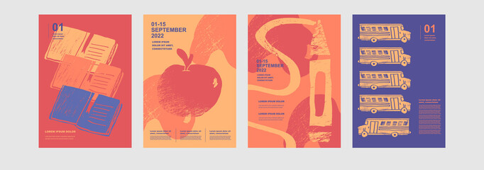 Diary, apple, bus, marker. Set of abstract, vector illustrations. Back to School. Elements and objects on school themes, simple background for poster. School backgrounds. © zhu