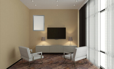 Elegant office interior. Mixed media. 3D rendering.. Blank paintings.  Mockup.