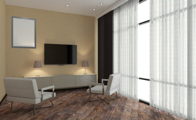 Front view of an office interior with a row of dark wood tables. 3D rendering.. Blank paintings.  Mockup.