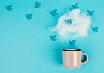 Cup of coffee with a steam cloud, birds flying to the sky, pastel colors, brainstorming for ideas,...