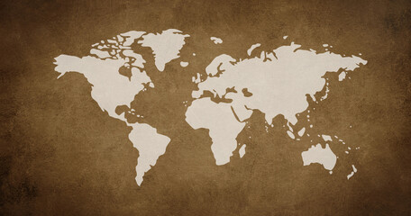 World map on a brown textured background, travel and tourism concept, geography of countries,...