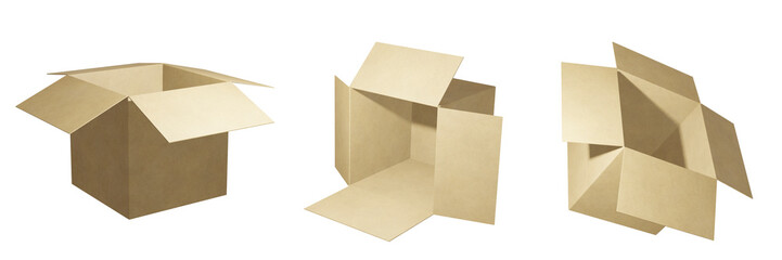 a set of three open cardboard boxes. open cardboard box for your design. isolated white background. 3d render