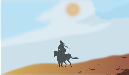 A silhouette of a person who is riding a horse on a sand ground under a sunny day, vector 