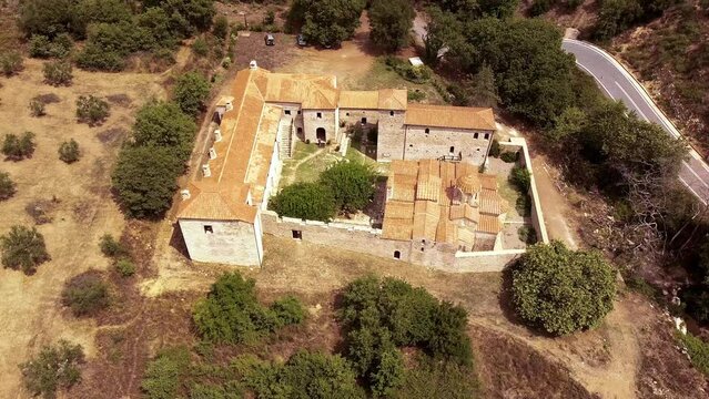 Aerial view of Metamorphosis of the Savior monastery or Antromonastiro in Greece