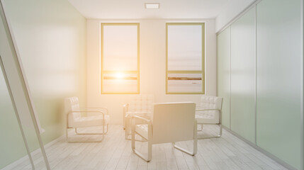 Furniture set with table, chairs and devices. 3D rendering.. Sunset.