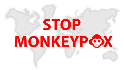 Stop monkeypox. Global smallpox pandemic. Monkey pox symbol in front of silhouettes of continents. Monkeypox international pandemic. Smallpox virus. Infectious flu. Fever outbreak. 3d rendering.