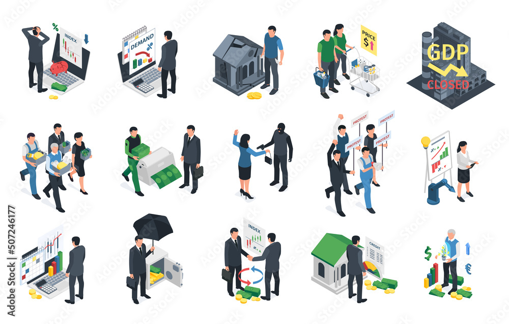 Poster isometric business crisis set