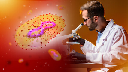 Flash monkeypox. Bacteria next to virologist. Giant monkeypox molecule. Male doctor with...