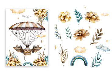 Watercolor collection with air balloons,clouds,rainbow, flower in pastel colours.Handpainted air ballons beautifully decorated on white background,pastel clouds and multicolored flags.Watercolor set