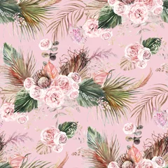 Zelfklevend Fotobehang Aquarel naadloos patroon in boho-stijl met botanische samenstelling van gedroogde bloemen met palmbladeren en delicate roze bloemen en voor textiel- en oppervlakteontwerp © Марина Воюш
