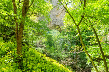 Imposing natural stone arches, Geomorphological natural monument. Vratna River Canyon, eastern Serbia. Amazing nature landscape. Spring day. 