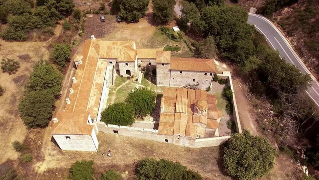 Aerial view of Metamorphosis of the Savior monastery or Antromonastiro in Greece