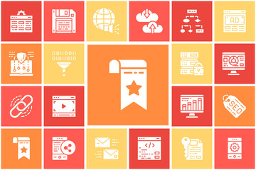 SEO icons set. Bookmark, Hosting, Hyperlink, Advertisement, Data Transfer vector illustration for advertisement, header banner, website.
