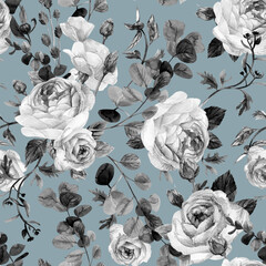 Seamless pattern with vintage black and white roses and eucalyptus branches painted with watercolor on a gray background for summer feminine textiles and surface design