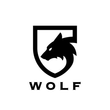 Black wolf shield logo. Wild animal badge icon. Wolves silhouette symbol. Canine predator emblem. Vector illustration.