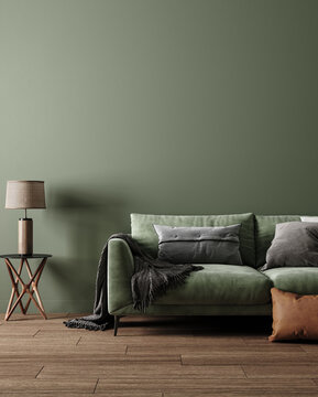 Home interior mock-up with green sofa, table and decor in living room, 3d render