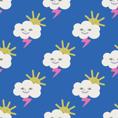 Seamless vector thunder, cloud and Sun pattern. Illustration of cloud and Sun with face. Background for design, fabric, textile, cover, wrapping.