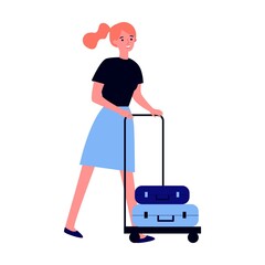 Happy girl with suitcase flat vector illustration. Group of people travelling abroad. Family with bags going from airport