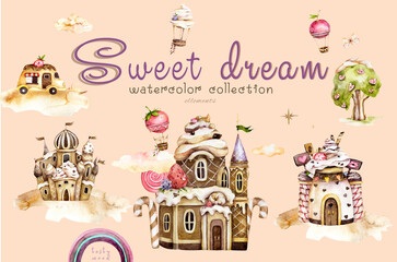 Naklejka premium Sweet land watercolor illustration, wonderland. Cartoon fantasy candy houses and fairy tale sweet castles. Chocolate, gingerbread and ice cream watercolor set. Dessert homes with cream,hot air balloon