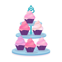 Gift set. cupcakes on a stand. Holiday sweets. Vector illustration isolated on white background.