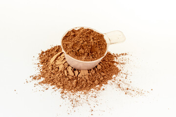 Scoop with whey protein powder. Sport food supplement and gym diet