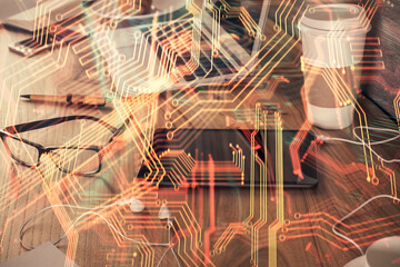 Double exposure of tech theme sketch over cell phone background. Concept of technology