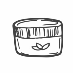 Jar for cream or cosmetic and household liquids. Vector doodle illustration of a plastic or glass container, isolated on white