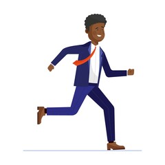 Cheerful African manager running to work. Business man in suit hurrying flat vector illustration. Office staff concept for banner, website