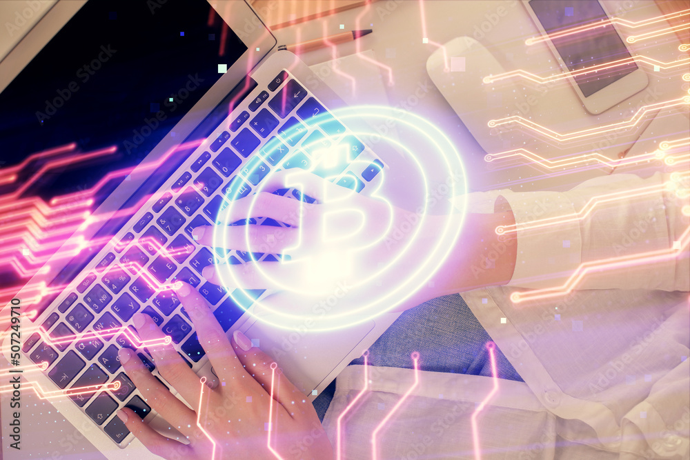 Poster double exposure of woman hands working on computer and blockchain theme hologram drawing. top view. 
