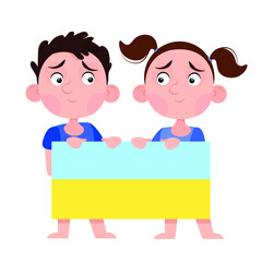 A girl and a boy in Ukrainian clothes hold the flag of Ukraine in their hands